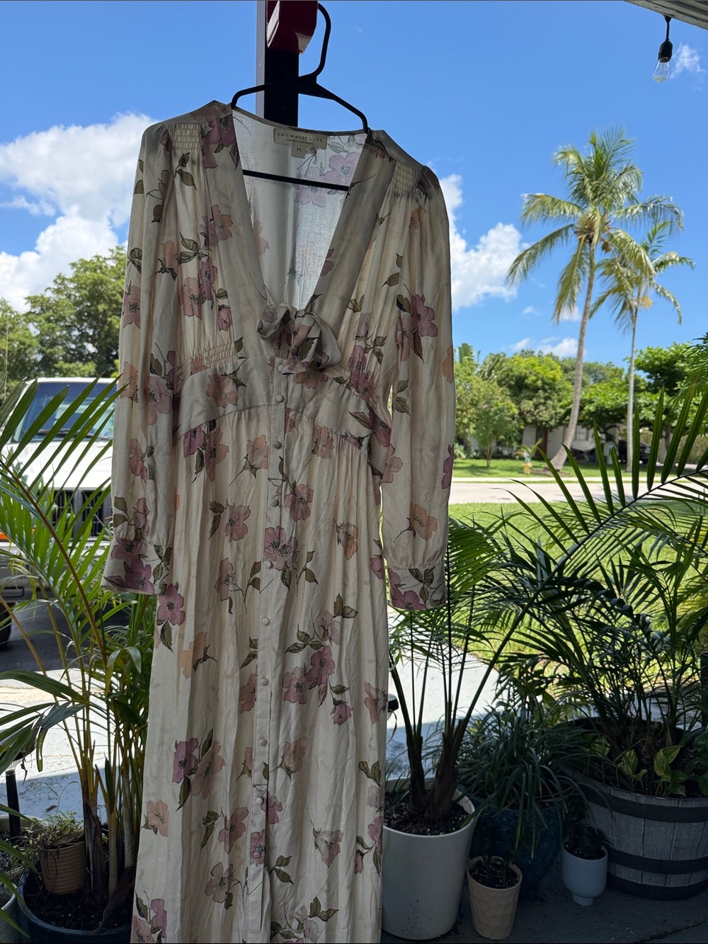 saltwater LUXE Cream Maxi Dress with Pink Floral Print